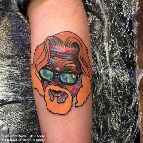 By Andrew Marsh · Little Andy, done at Church Yard Tattoo... film and book;calf;contemporary;the big lebowski;facebook;twitter;pop art;portrait;littleandy;medium size