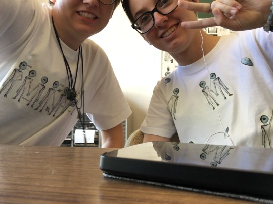 Adrian and I in alien shirts