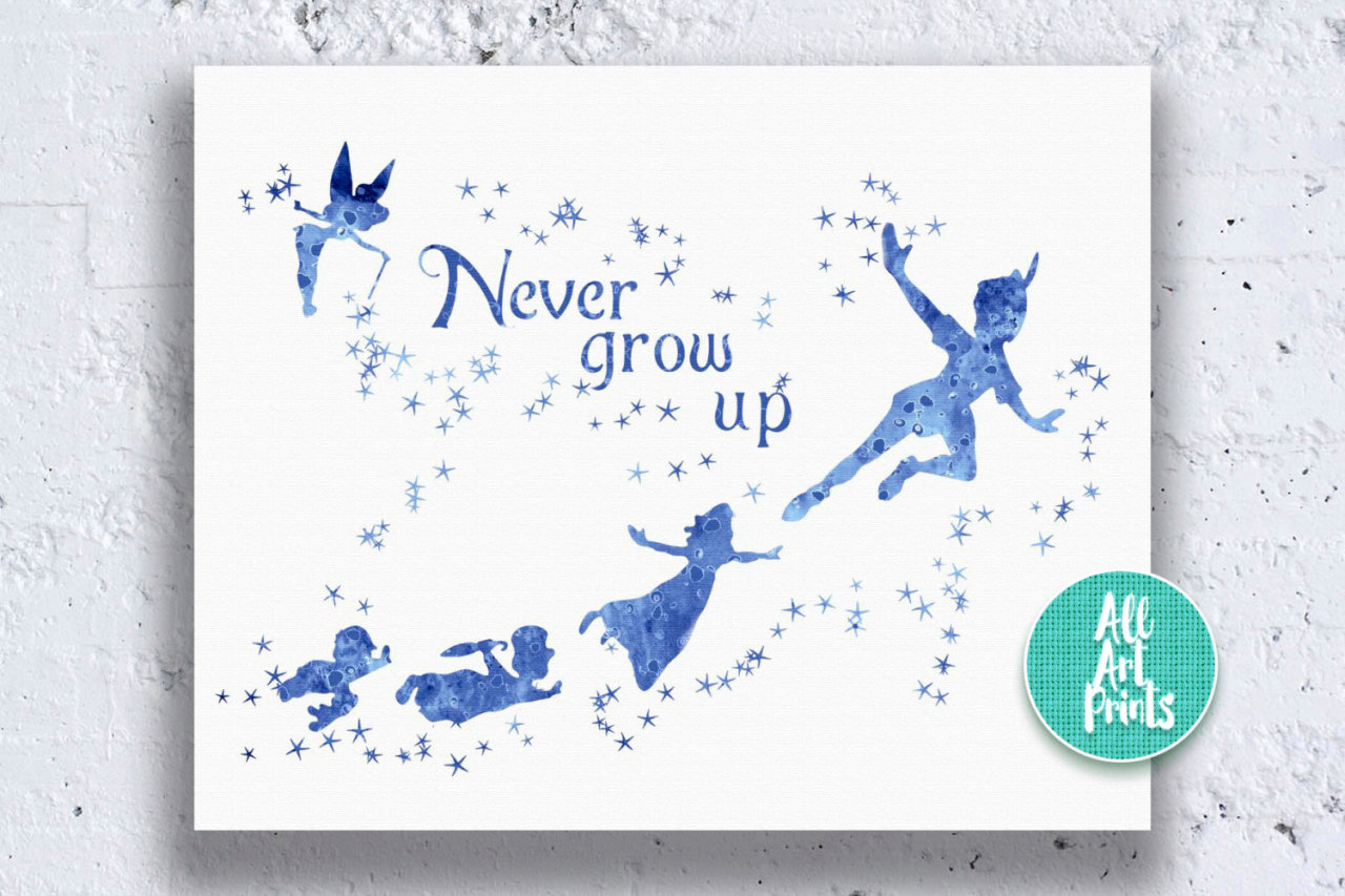 Never Grow Up Quote Art Peter Pan Watercolor Painting Print Wedding Gift Nursery