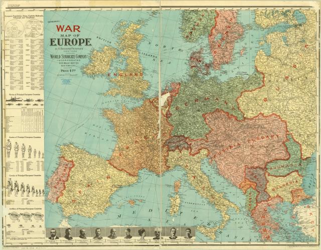Detailed War map of Europe from September of 1914 showing approximate number of troops, fleet sizes, cavalry, artillery plus...