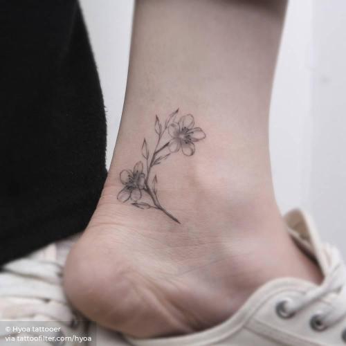 By Hyoa tattooer, done in Seoul. http://ttoo.co/p/34963 ankle;cherry blossom;facebook;fine line;flower;four season;hyoa;line art;nature;single needle;small;spring;twitter