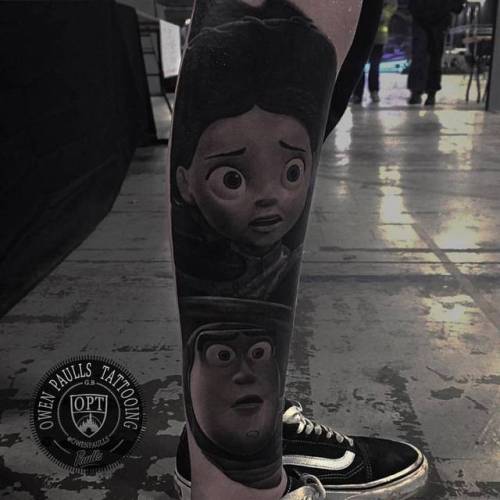 By Owen Paulls, done at 6th Tattoo Tea Party, Stretford.... black and grey;fictional character;big;buzz lightyear;cartoon;facebook;owenpaulls;jessie the yodeling cowgirl;twitter;profession;pixar;astronaut;pixar character;toy story;film and book;leg;cartoon character