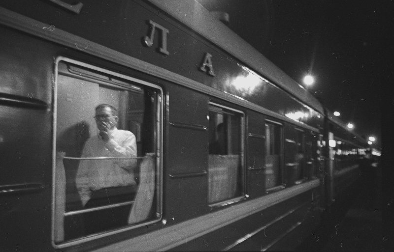 Comsposer Dmitry Shostakovich in the Red Arrow train (this train runs between Moscow and St Petersburg). Photo by Vsevolod Tarasevich, 1966.