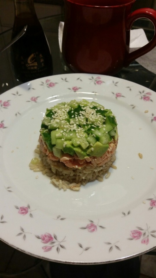 Get Fit to Get Happy — Smoked salmon stack (brown rice, smoked salmon,...