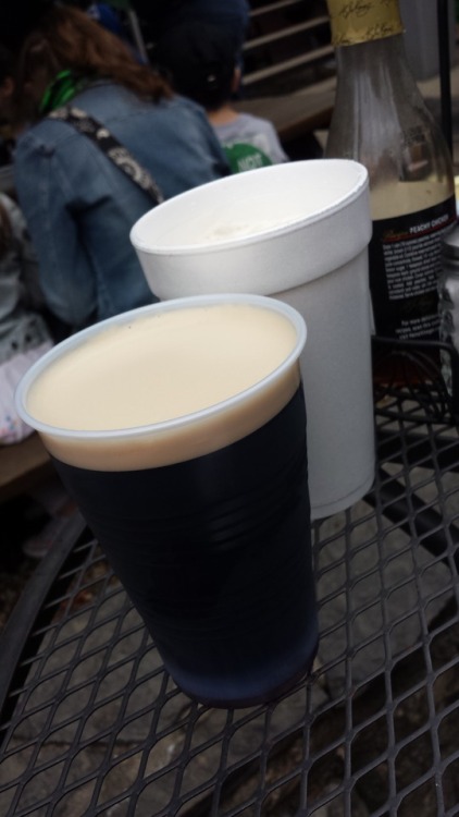 On the left: Guinness beer. On the right: Irish Coffee.Both...