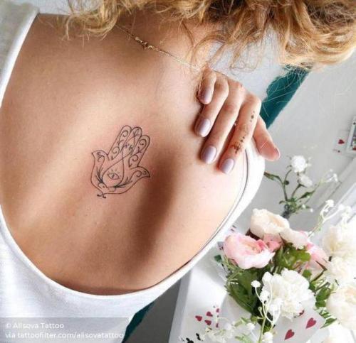By Alisova Tattoo, done in Moscow. http://ttoo.co/p/29321 fine line;small;good luck;arabic culture;patriotic;alisovatattoo;line art;hamsa;facebook;upper back;twitter;other
