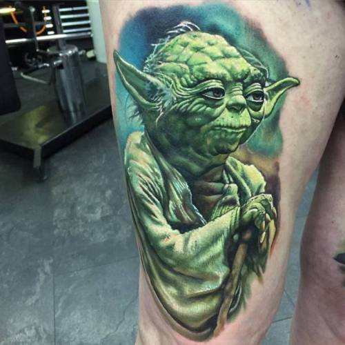 By Alex Rattray, done at Red Hot and Blue Tattoo, Edinburgh.... film and book;fictional character;big;thigh;star wars;facebook;star wars characters;realistic;twitter;alexrattray;yoda