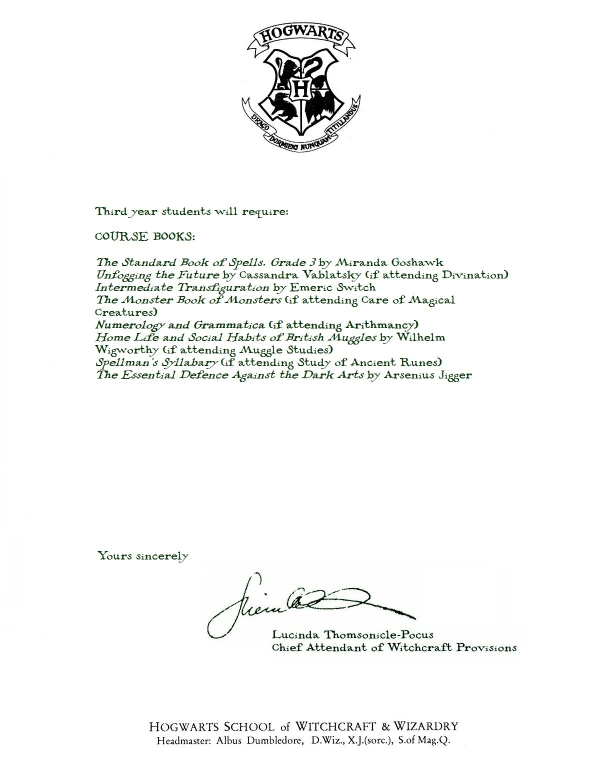 Harry Potter Props - Hogwarts third year letter. Print on parchment...