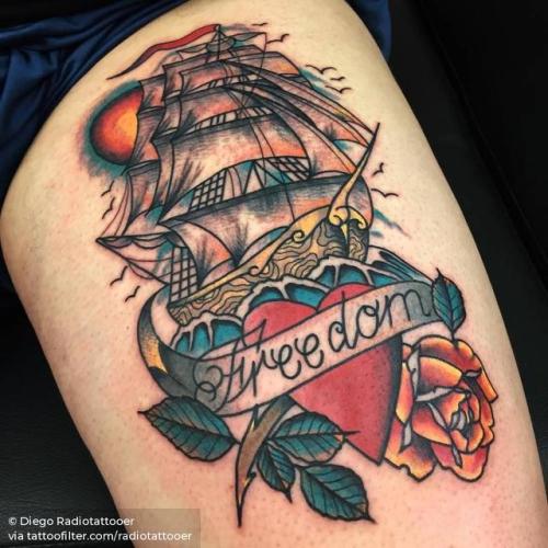 By Diego Radio Tattoo, done at Ángel de Mayo Tattoo, Alcalá de... love;travel;thigh;facebook;twitter;english;radiotattooer;warship;english word;word;banner;other;heart and banner;freedom;heart;nautical;family;traditional;big;watercraft;languages