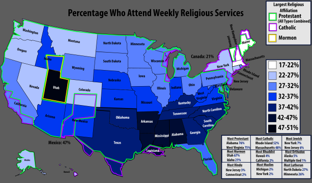 Percentage Of Americans Who Attend Religious... - Maps On The Web