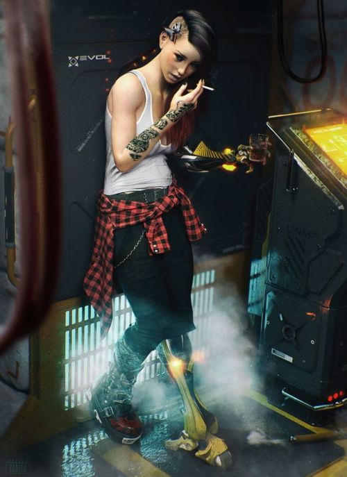 cyberpunk cybernetics tattoos mohawk dyed hair