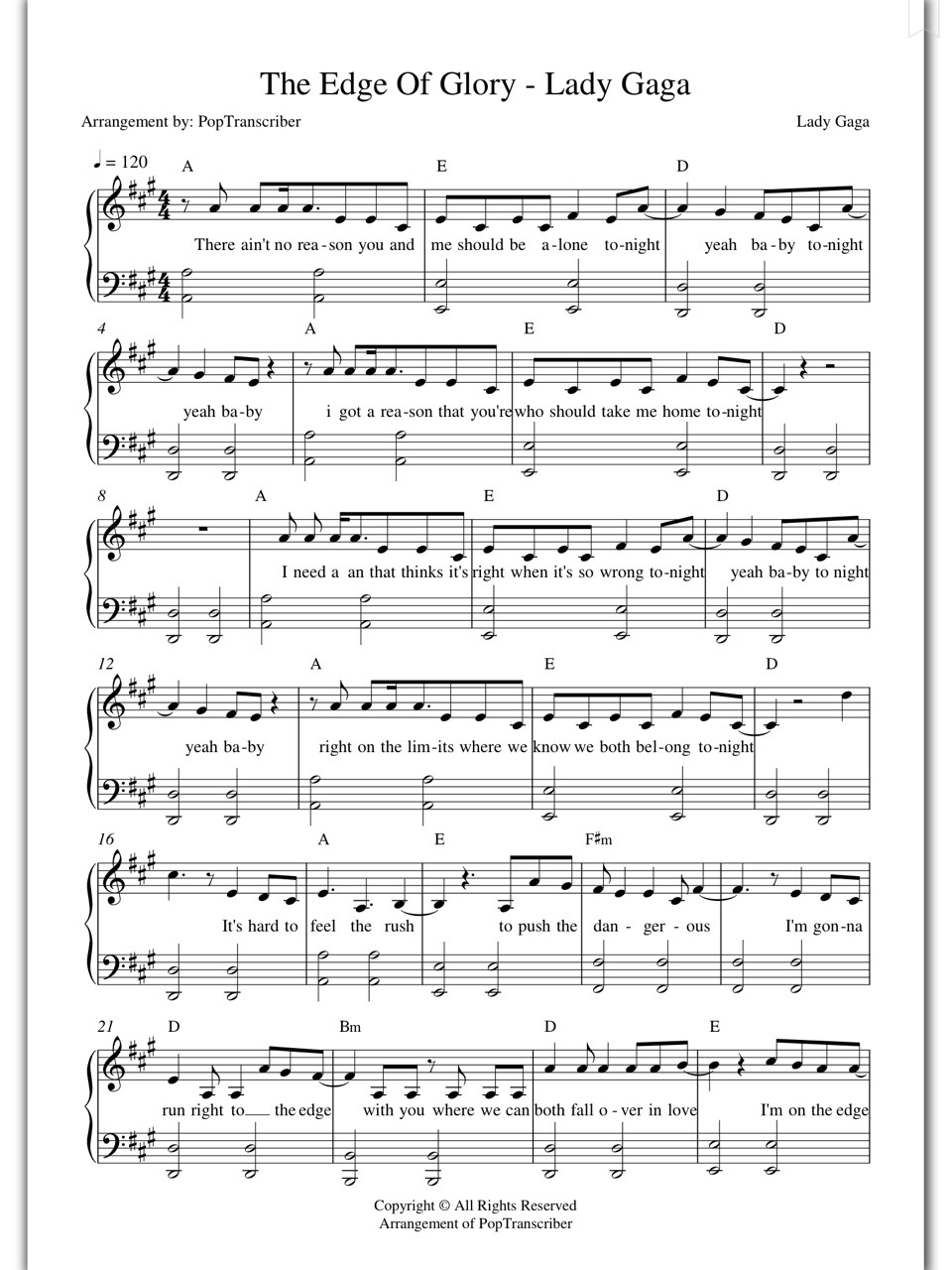 Lady Gaga Piano Sheet Music