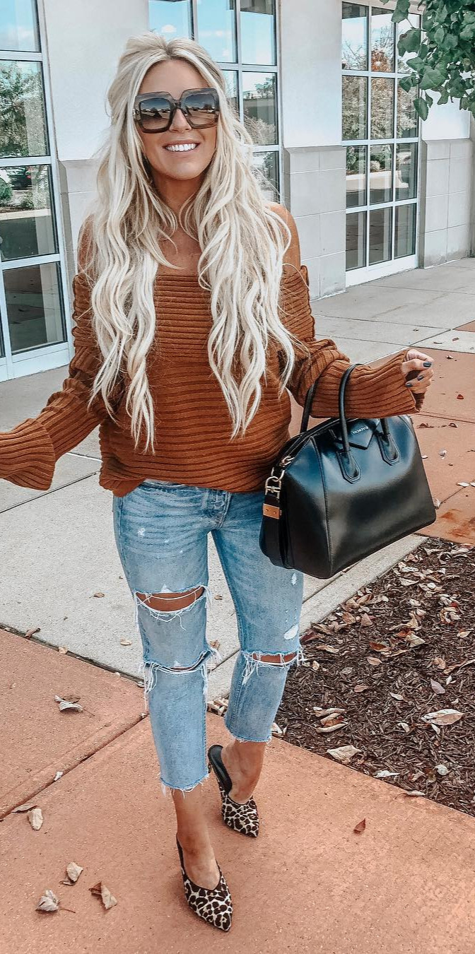 50+ Cozy Outfit Ideas You Need - #Cute, #Pretty, #Photo, #Picture, #Street Afternoon pumpkin spice pick me up in this adorable OTS sweater and my new leopard print heeled mules Plus... this denim is a bit of an investment but yatheysoooo freakin good (Size up one size in the top and the denim) Shop my exact look by following me on the  App OR click on the link in my bio and then click on the pic you want to shop:  