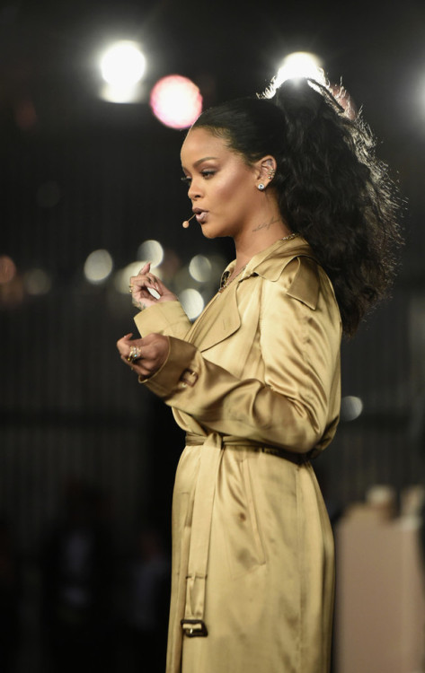 Rihanna speaks during her Fenty Beauty talk in collaboration...