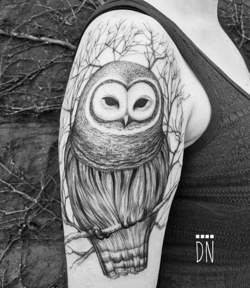 By Dino Nemec, done at Lone Wolf Private Tattooing Studio,... dinonemec;big;animal;bird;freehand;barn owl;facebook;twitter;illustrative;upper arm