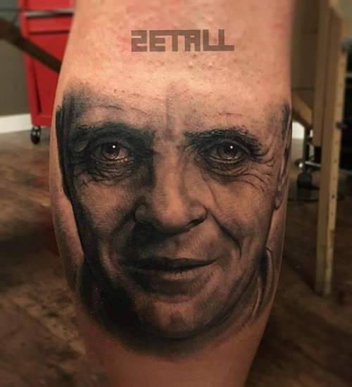 By Victor Zetall, done at Room 7 Tattoo, Zaragoza.... hannibal lecter;black and grey;calf;patriotic;fictional character;wales;anthony hopkins;character;facebook;twitter;victorzetall;portrait;medium size