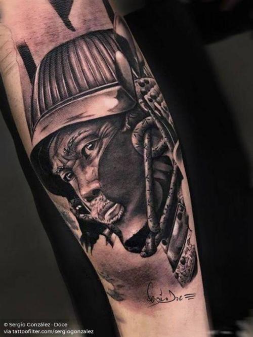 By Sergio González · Doce, done at 12 Lágrimas Tattoo, Mislata.... black and grey;patriotic;big;japanese culture;facebook;twitter;portrait;inner forearm;sergiogonzalez;samurai