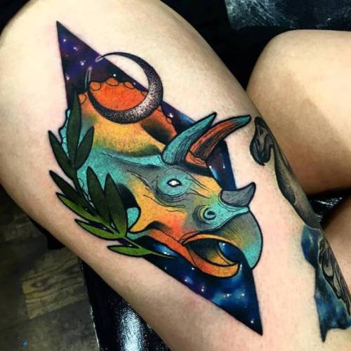 By Andrew Marsh · Little Andy, done at The Church Tattoo,... dinosaur;psychedelic;big;animal;contemporary;thigh;facebook;twitter;pop art;experimental;littleandy;triceratops;other