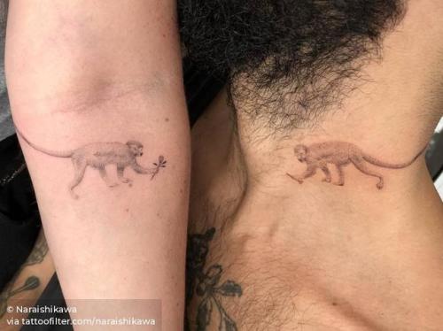 By Nara Ishikawa, done at Die-Monde Tattoo, Wadebridge.... naraishikawa;matching;small;family;matching tattoos for siblings;animal;hand poked;facebook;twitter;titi;primate;inner forearm;neck