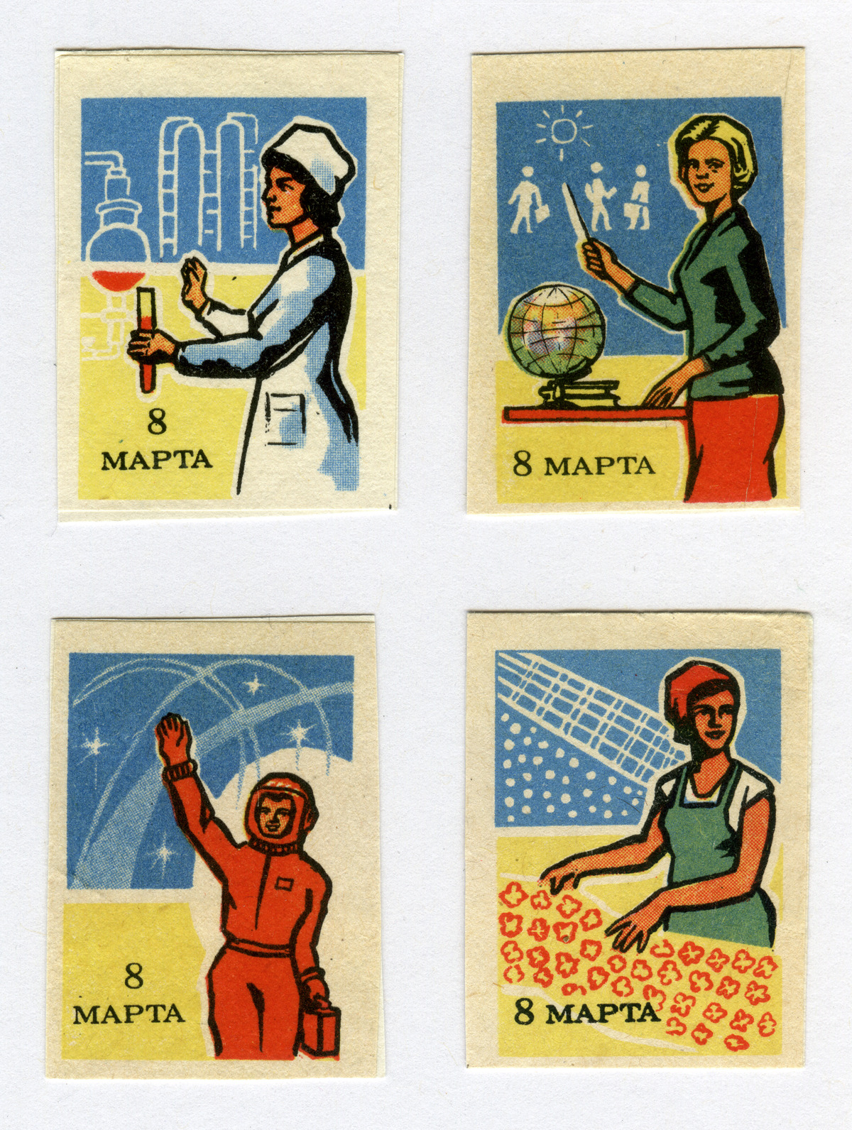 Soviet matchbox labels commemorating Women’s Day (March 8) (via)