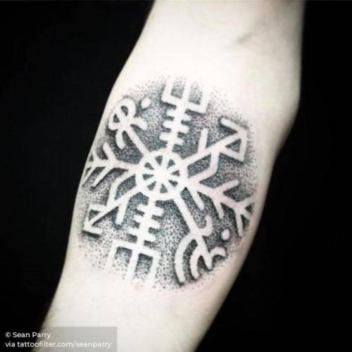 By Sean Parry, done at Sacred Knot Tattoo, Manchester.... nordic symbol;symbols;dotwork;seanparry;facebook;rune;twitter;nordic;letter;inner forearm;medium size