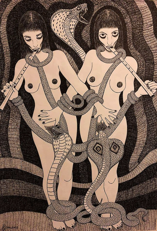 “Ode to Our Venomous Cobras” / “Cleopatra Twins”. Self Portrait. Nil Karin Romano, twin sisters artists and music junkies based in Tel Aviv • via Bibliothèque Infernale on FB