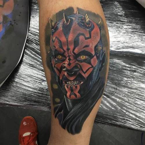 By Alex Rattray, done at Red Hot and Blue Tattoo, Edinburgh.... film and book;calf;fictional character;big;darth maul;star wars;facebook;star wars characters;realistic;twitter;alexrattray