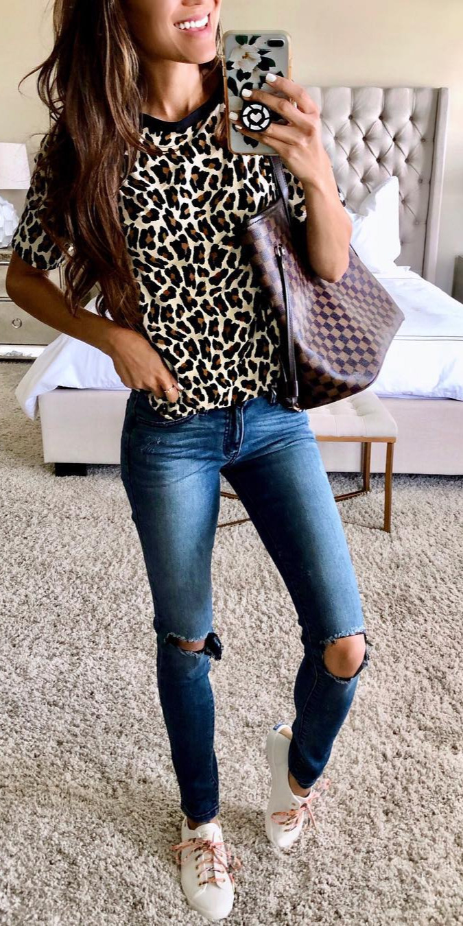 cute outfits for women, new york fashion, women, weekend, share My jeans are $49.99And hug alllll the right places!!! My , leopardprint tee is soft as butter and under $30!! Linked my sneaks with pink floral laces!!, musthave for spring!! Click link in bio and select THE APPat top to shop!! Or  interiordesignerella in the free  app for all instant links! Itgoing to be raining these next few days!! Soooo there might be more makeup free mirror selfies in the near futureLove you all!!!! Xo!!! 