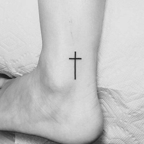 By Jing, done at Jing’s Tattoo, Queens.... jing;small;christian;tiny;ankle;ifttt;little;minimalist;christian cross;religious