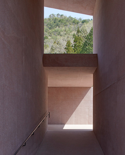 A pink pigmented concrete building designed by David...