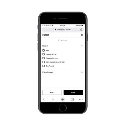 Sephora customers can filter category page results by Brand and Price Range
