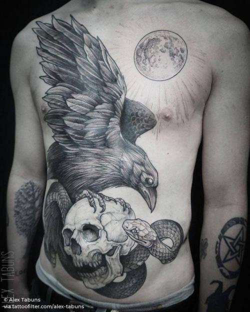 By Alex Tabuns, done in Saint Petersburg. http://ttoo.co/p/28343 skull;anatomy;alex tabuns;human skull;torso;animal;huge;bird;snake;facebook;blackwork;twitter;raven;illustrative