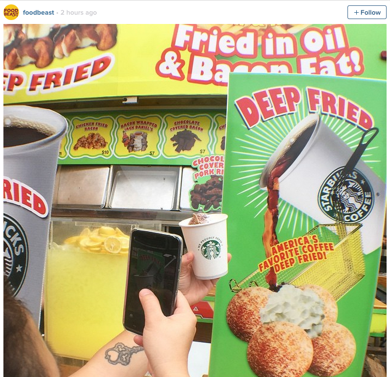 businessinsider:
“You can now buy deep-fried Starbucks coffee
Inside the balls is about a teaspoon of ground coffee. The whole thing is served with a topping of whipped cream.
”