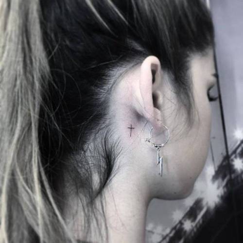 By Jin · Hoa Eternity, done in Manhattan. http://ttoo.co/p/36271 small;jin;micro;christian;tiny;ifttt;little;behind the ear;minimalist;christian cross;religious