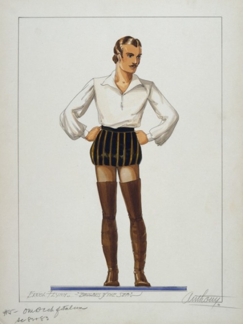 heracliteanfire: “Costume Sketch of Errol Flynn as Geoffrey Thorpe in the Warner Brothers Production, ‘Beggars of the Sea’ later titled ‘Sea Hawk’. Orry-Kelly, Lon Anthony, 1940 (via LACMA Collections) ”