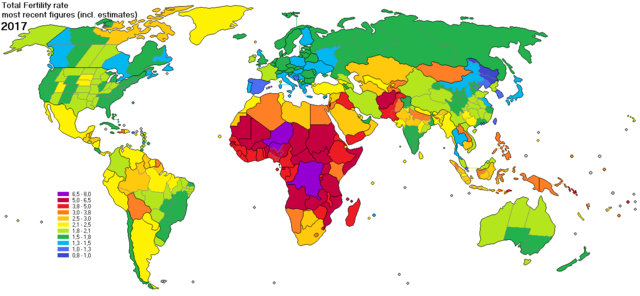 Global fertility rates in 2017 estimates. - Maps on the Web