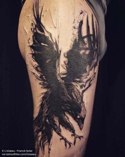 By L'oiseau · Franck Soler, done at Faubourg Tattoo Club,... big;animal;cover ups;bird;facebook;twitter;raven;loiseau;upper arm