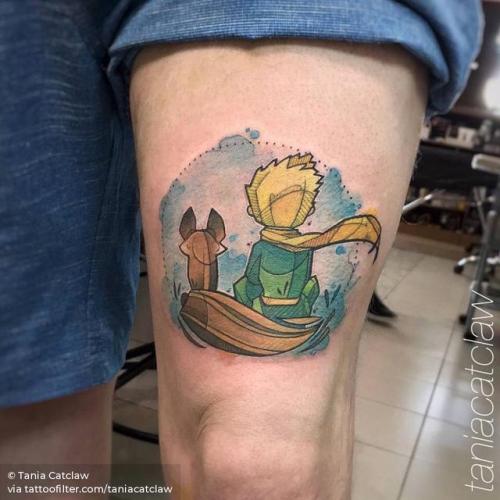 By Tania Catclaw, done at El Diablo Tattoo Club, Lisboa.... film and book;sketch work;the little prince;watercolor;thigh;facebook;twitter;medium size;taniacatclaw