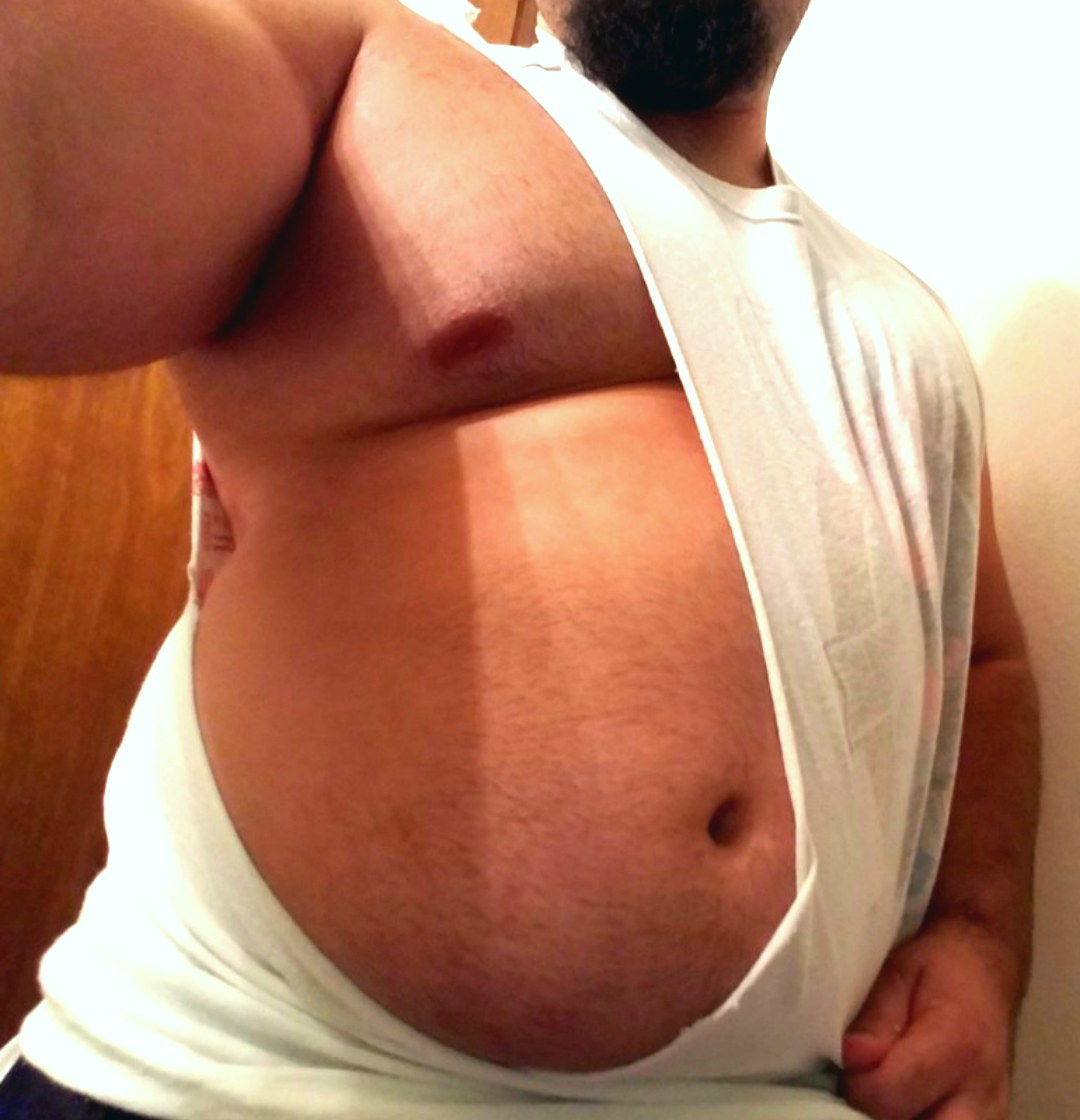 Round belly. Fat muscle boy.