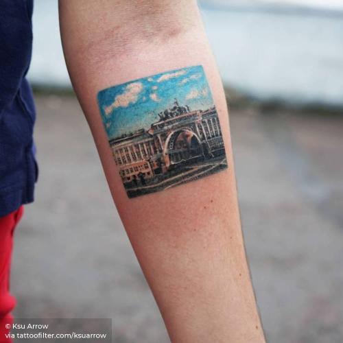 By Ksu Arrow, done in Moscow. http://ttoo.co/p/34140 architecture;contemporary;facebook;inner forearm;ksuarrow;location;minimalist;patriotic;russia;saint petersburg;small;twitter
