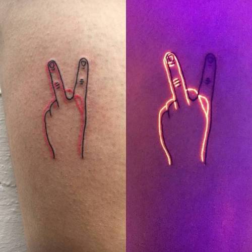 By Kayla Newell, done in Portland. http://ttoo.co/p/36446 small;uv;anatomy;kaylanewell;contemporary;tiny;v sign;thigh;ifttt;little;experimental;medium size;other;hand
