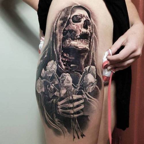 Horror Portrait Leg Sleeve Tattoo by Alan Aldred TattooNOW