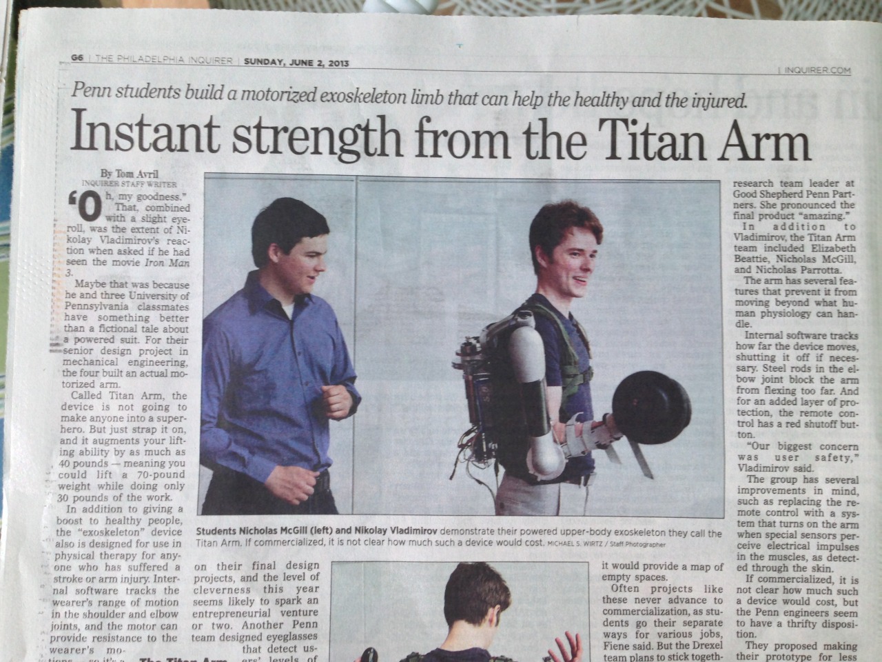 Check out today’s (June 2) Philly Inquirer, featuring Titan Arm in its Health Section!