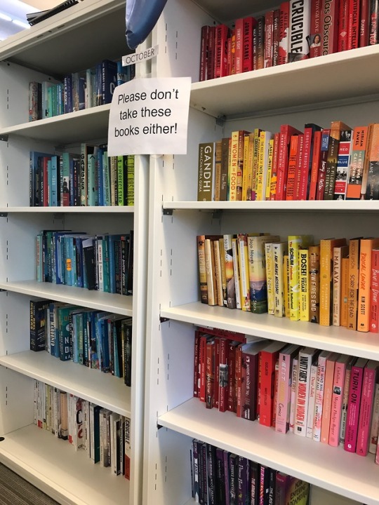 YOU GUYS. Our intern? Has arranged the bookshelves BY COLOR. Because of course that’s how we look for them! (Hands up if you’re...