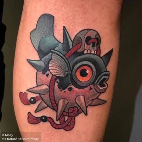 By Moay, done at 48920 Tattoo Shop, Portugalete.... moay;pufferfish;shin;animal;fish;facebook;nature;twitter;ocean;medium size;new school