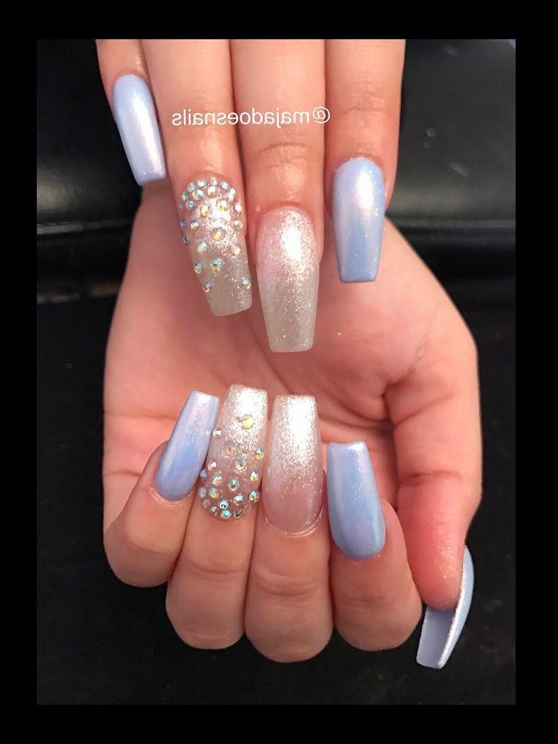 zoya, acrylic nails coffin, manicure, nail drill, squoval nails Long (tips) Baby Blue Base with Fairy Dust and Gradient Swarovski Crystal Gradient Accent Wide Coffin Nails 