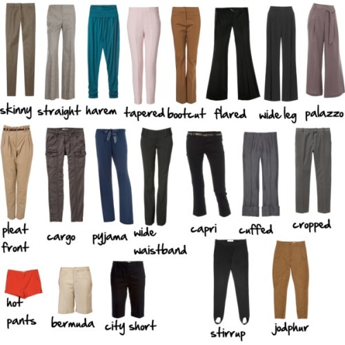 A visual glossary of pants
More Visual Glossaries (for Her): Backpacks / Bags / Bobby Pins / Boots / Bra Types / Hats / Belt knots / Chain Types / Coats / Collars / Darts / Dress Shapes / Dress Silhouettes / Eyeglass frames / Eyeliner Strokes /...