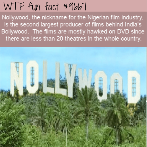 Nollywood, the nickname for the Nigerian film industry, is the second largest producer of films behind India’s Bollywood.  The films are mostly hawked on DVD since there are less than 20 theatres in the whole country.