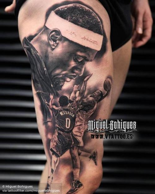 By Miguel Bohigues, done at V Tattoo, Aldaia.... black and grey;basketball;patriotic;big;basketball players;united states of america;character;thigh;facebook;twitter;miguelbohigues;profession;lebron james;sport