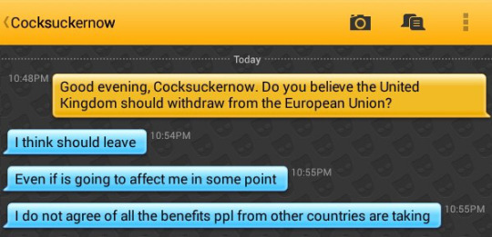 Me: Good evening, Cocksuckernow. Do you believe the United Kingdom should withdraw from the European Union?
Cocksuckernow: I think should leave
Cocksuckernow: Even if is going to affect me in some point
Cocksuckernow: I do not agree of all the benefits ppl from other countries are taking
